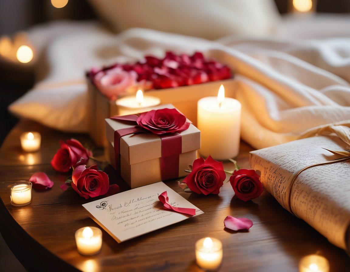 A beautifully wrapped personalized gift box surrounded by romantic elements like soft candlelight, rose petals, and handwritten love notes. The scene includes a cozy setting, perhaps on a wooden table with a gentle bokeh effect in the background to enhance intimacy. The colors are warm and inviting, evoking feelings of love and thoughtfulness. soft focus. warm colors. cozy atmosphere.