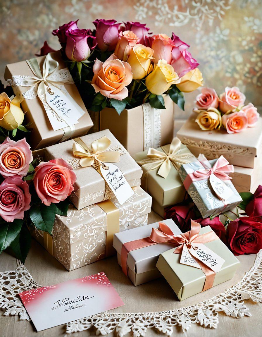 A beautifully arranged collection of heartfelt gifts, including colorful wrapped boxes, elegant cards, and hand-written notes, set against a soft, romantic backdrop of roses and lace. Each gift reflects a different occasion, from birthdays to anniversaries, showcasing love's various manifestations. Soft warm lighting enhances the cozy atmosphere. super-realistic. vibrant colors. soft focus.