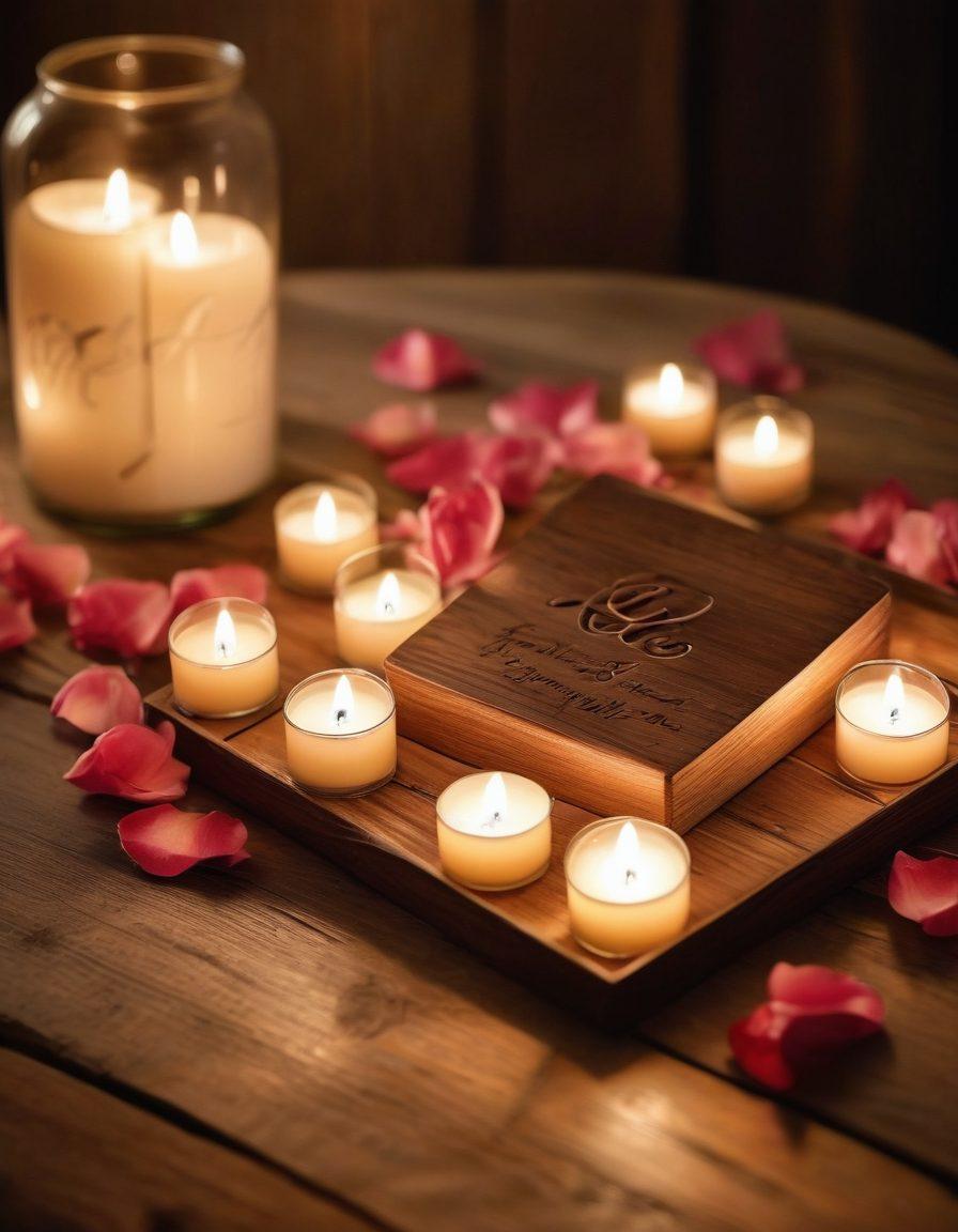 A beautifully arranged display of 10 unique and heartfelt customized gifts, each showcasing intricate personal touches like engraved initials, heartfelt messages, and creative designs. The gifts are thoughtfully arranged on a rustic wooden table, surrounded by soft candlelight and delicate rose petals, conveying a warm and romantic ambiance. A cozy, inviting atmosphere is emphasized with blurred string lights in the background. super-realistic. warm tones. soft focus.